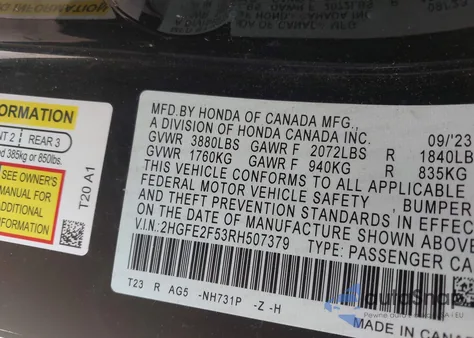 2024 Honda Civic Sport z USA, uszkodzony, nr VIN 2HGFE2F53RH507379